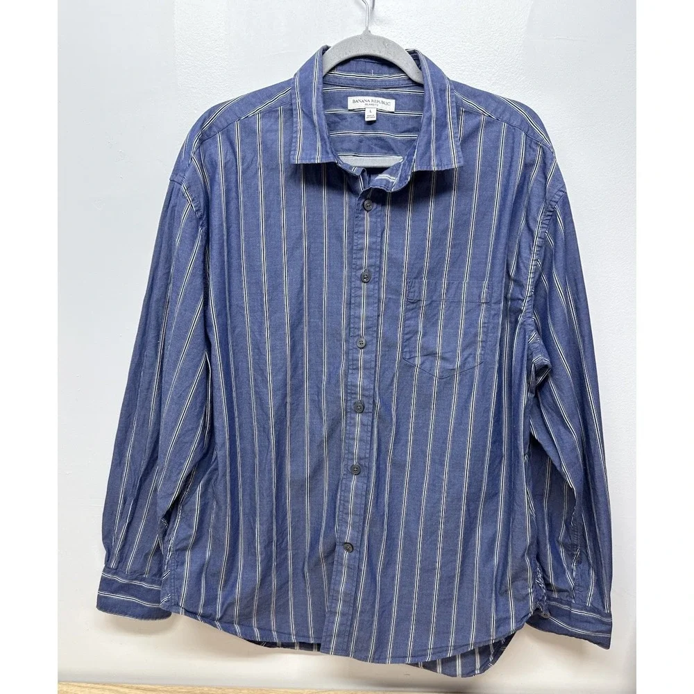 Banana Republic Blue White Striped men's Long Sleeve Button Up Shirt Large #11